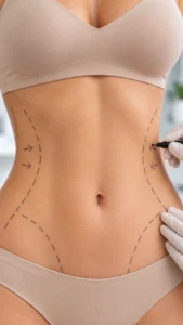 Close-up of a woman's waist and abdomen illustrating liposuction fat removal and body contouring with a slimmer waistline.