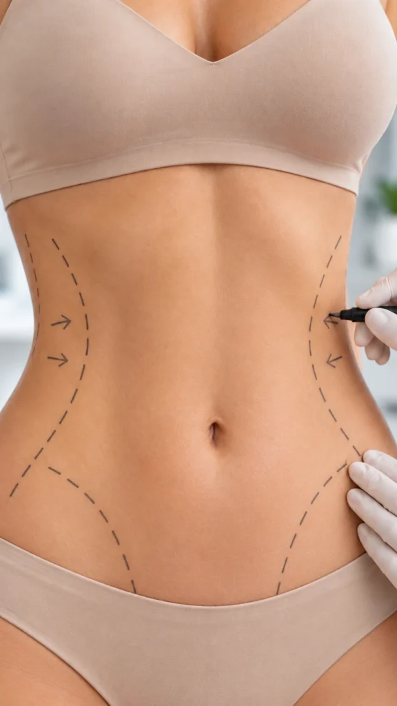 Close-up of a woman's waist and abdomen illustrating liposuction fat removal and body contouring with a slimmer waistline.
