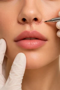 Lip lift ameliyatı öncesinde burun altındaki kesi hattının işaretlendiği, dudak kaldırma işlemini gösteren yakın plan görsel.
