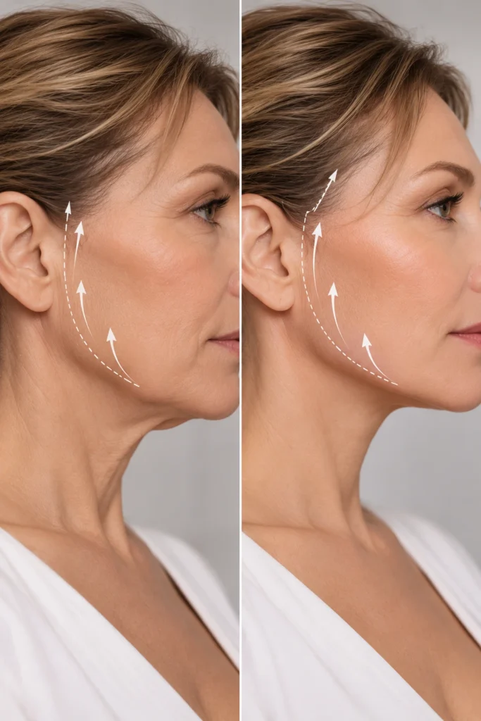 Side-by-side comparison of MACS Face Lift and Deep Plane Face Lift showing differences in facial lifting, cheek contours, jawline definition, and neck tightening.