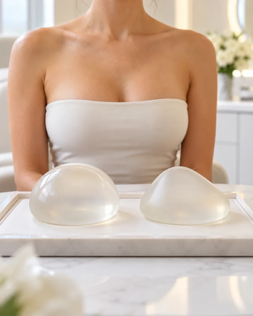 Round and teardrop silicone breast implants displayed side by side, highlighting differences in shape and natural breast contour.